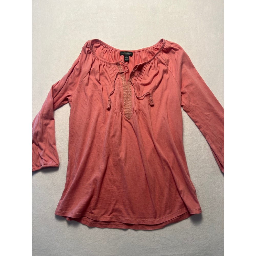 Lauren Ralph Lauren M Peasant Top Boho Coral Pink Cotton Pintuck Tassel Blouse